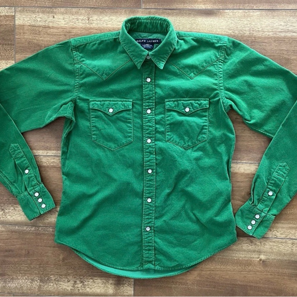 Ralph Lauren Slim Fit Corduroy Pearl Snap Shirt Green 2